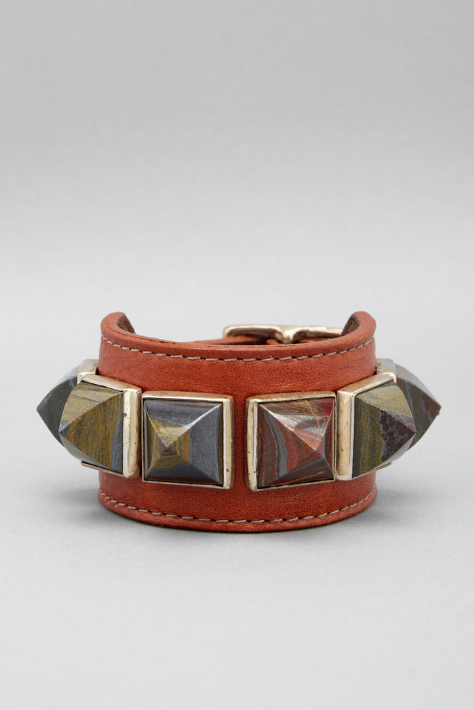 Iron Tiger Eye Pyramid Leather Cuff
